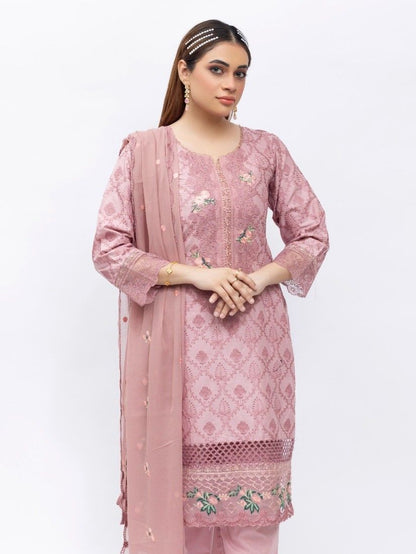 Embroidered Cotton Suit - Rose Pink 3079