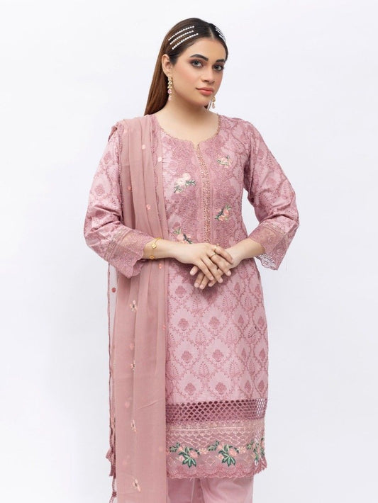 Embroidered Cotton Suit - Rose Pink 3079