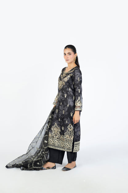 Black Handmade Embellished Organza Ensemble with Clutch & Khussa