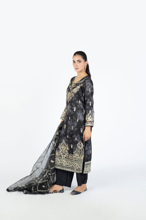 Black Handmade Embellished Organza Ensemble with Clutch & Khussa