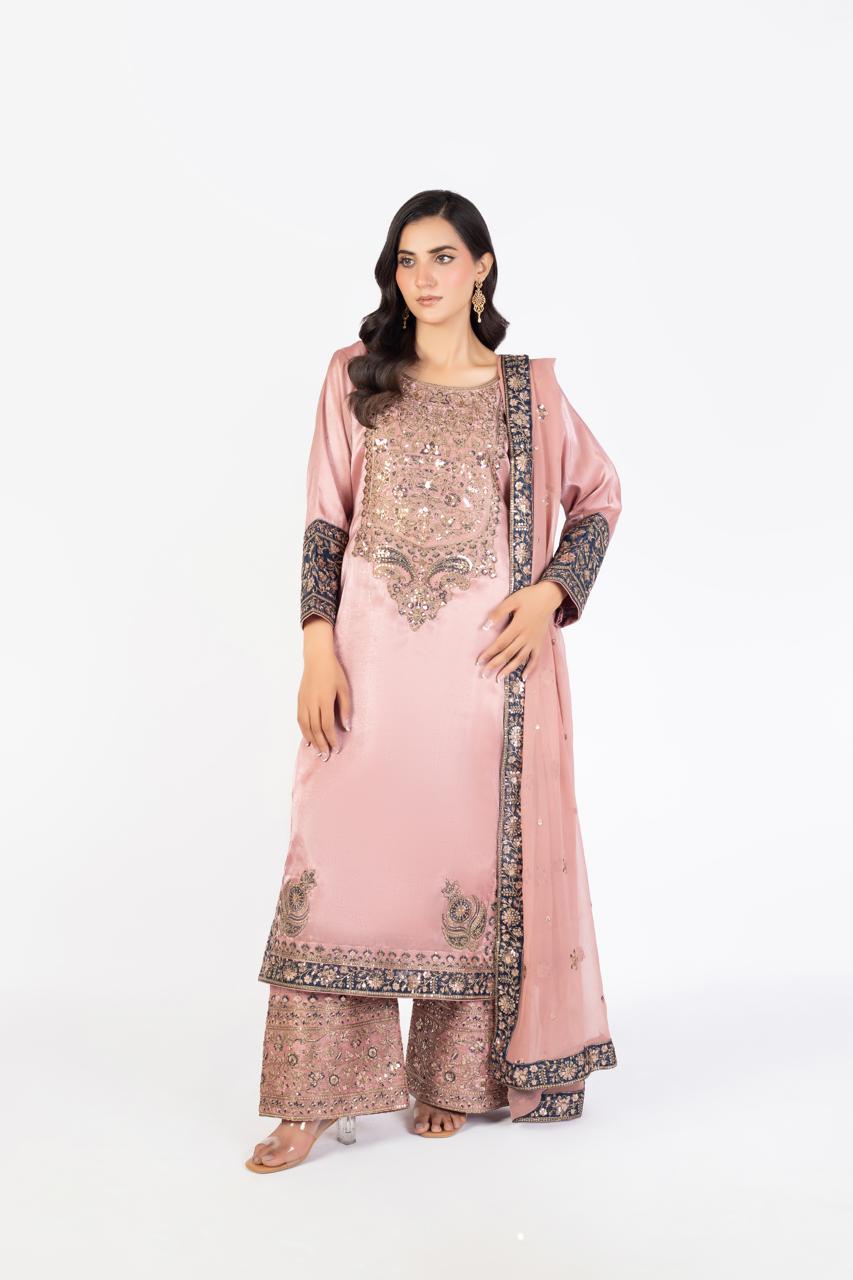 Tea Rose Pink Pure Sheesha Silk 3-Piece Ensemble with Crinkle Dupatta