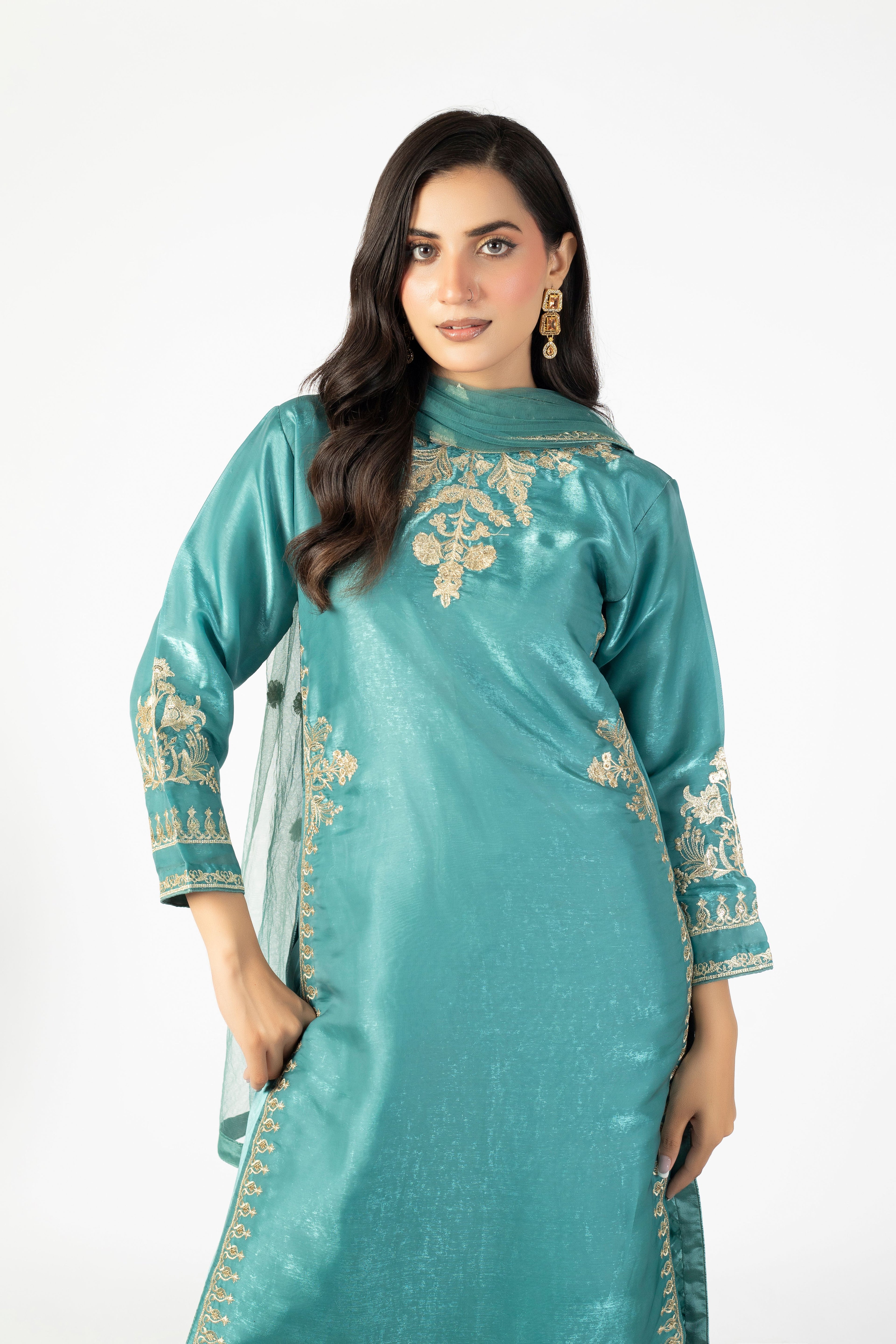 Luxury Pure Blue Sheesha Silk 3-Piece Formal Ensemble with Net Dupatta