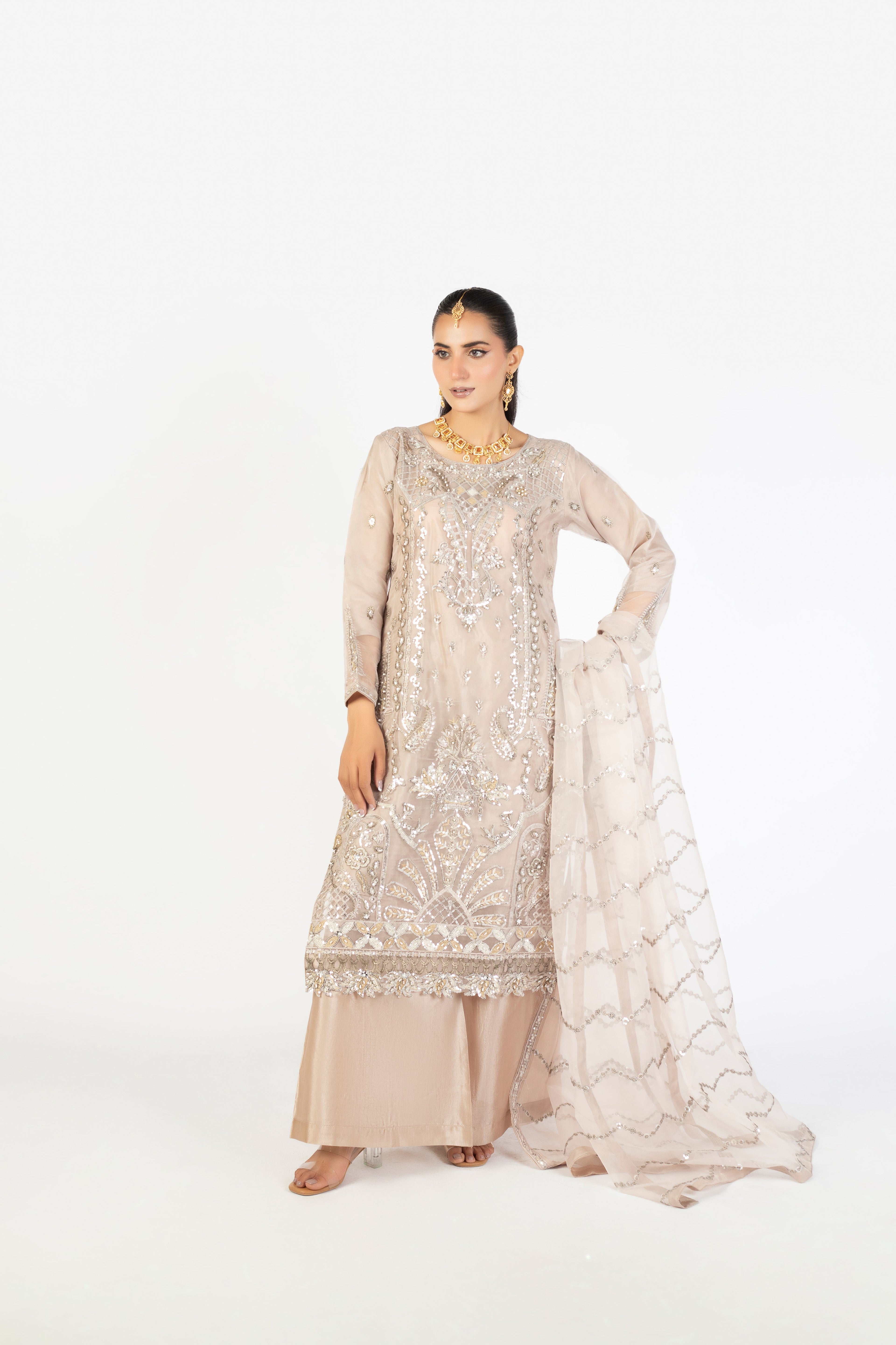 Beige Champagne Handmade Embellished Organza Ensemble
