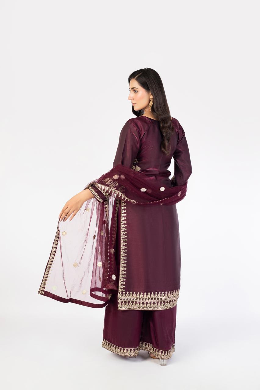 Luxury Pure Sheesha Silk 3-Piece Formal Ensemble with Net Dupatta