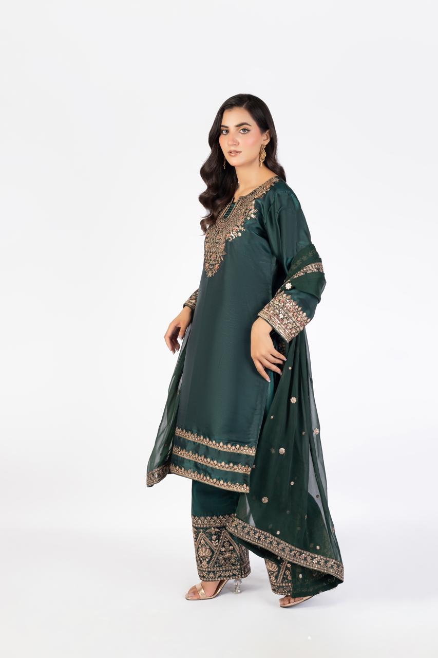 Deep Emerald Green Pure Sheesha Silk 3-Piece Ensemble with Crinkle Dupatta
