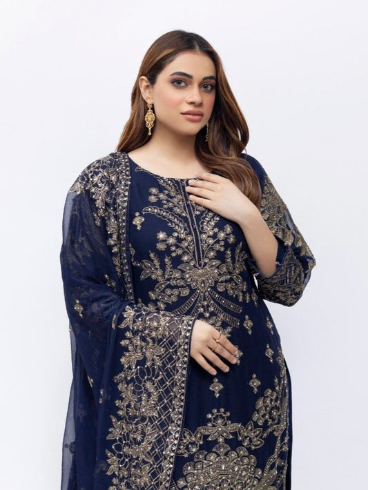 Navy Noor Embroidered Crinkle Suit – Royal Festive Edition (3010)