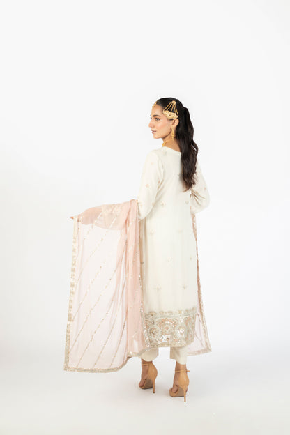 Ivory White Elegant Krinckle & Raw Silk Handmade Embellished Ensemble