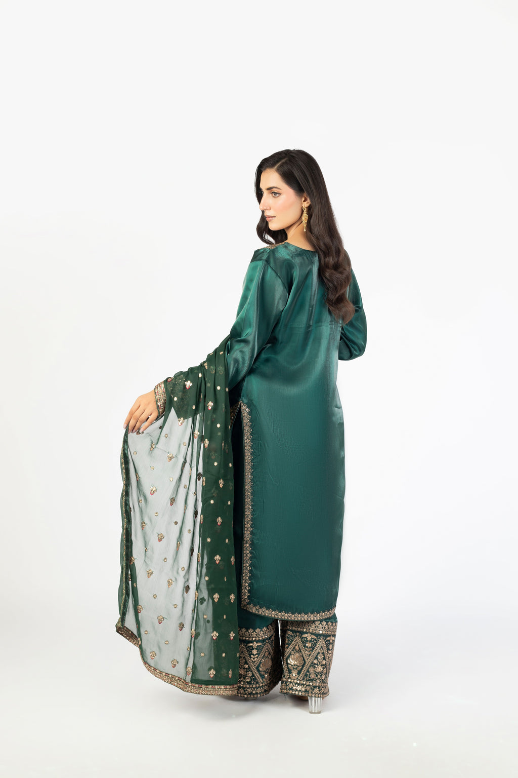 Elegant Bottle Green Pure Sheesha Silk 3-Piece Ensemble with Crinkle Dupatta