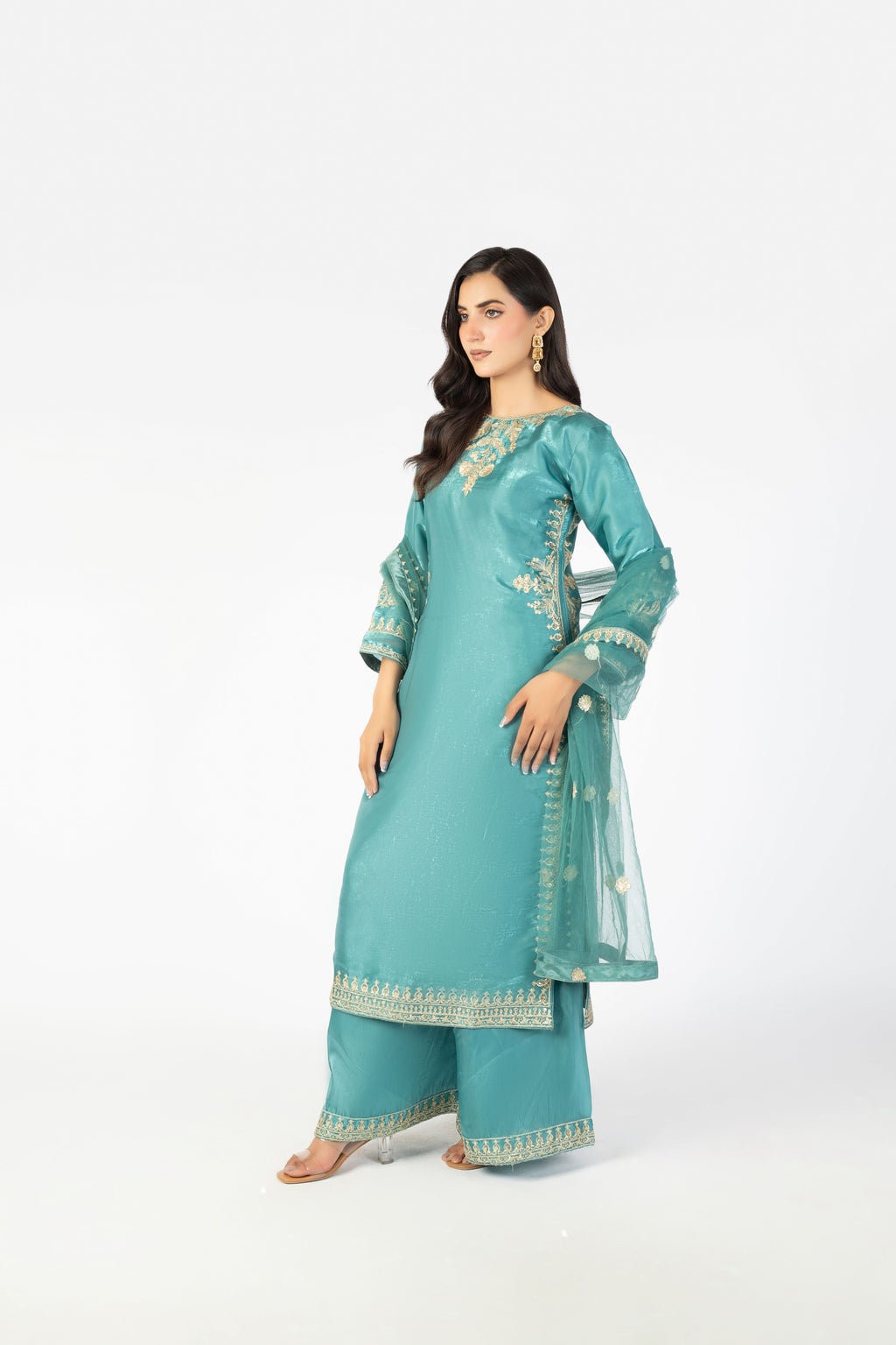 Luxury Pure Blue Sheesha Silk 3-Piece Formal Ensemble with Net Dupatta