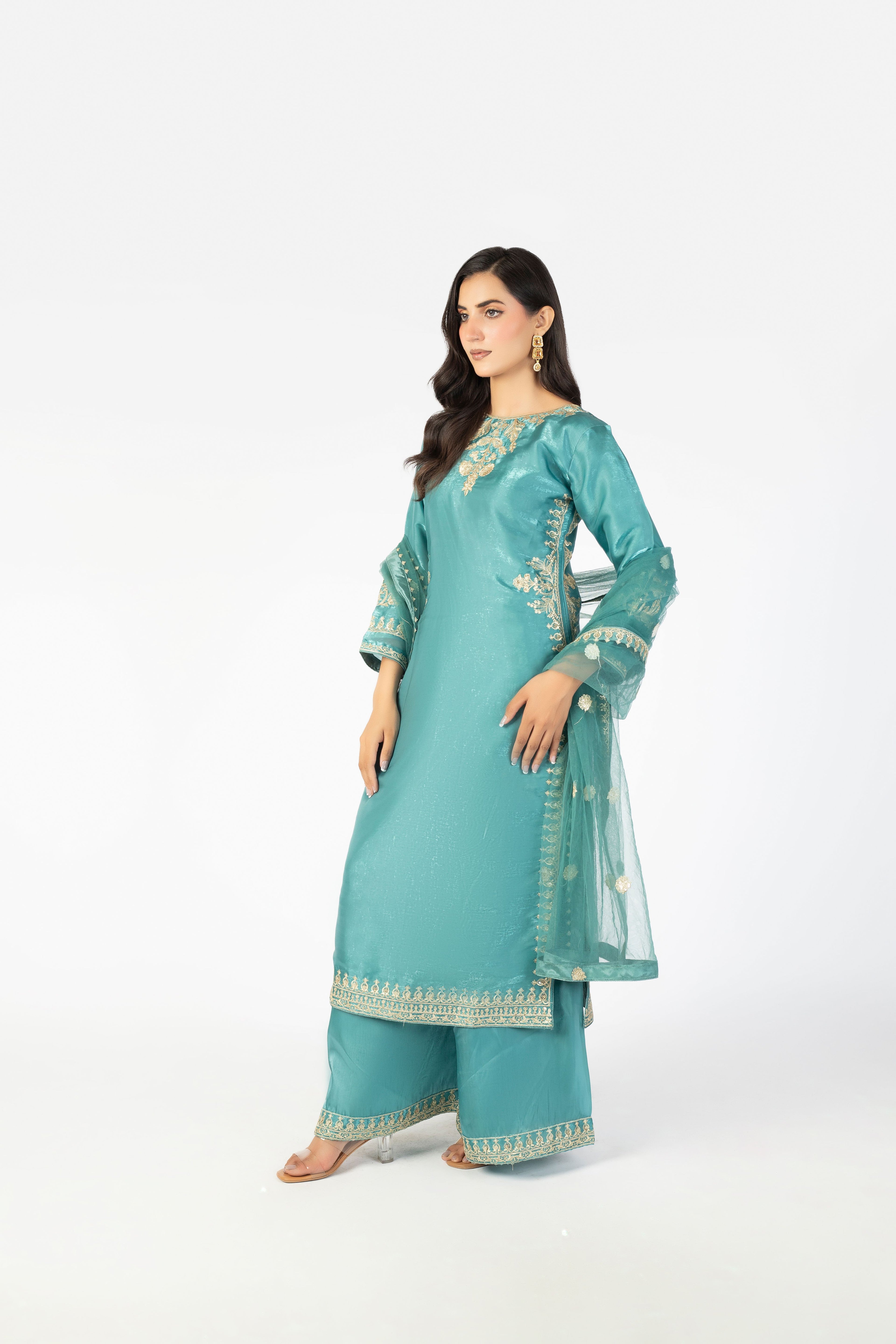 Luxury Pure Blue Sheesha Silk 3-Piece Formal Ensemble with Net Dupatta