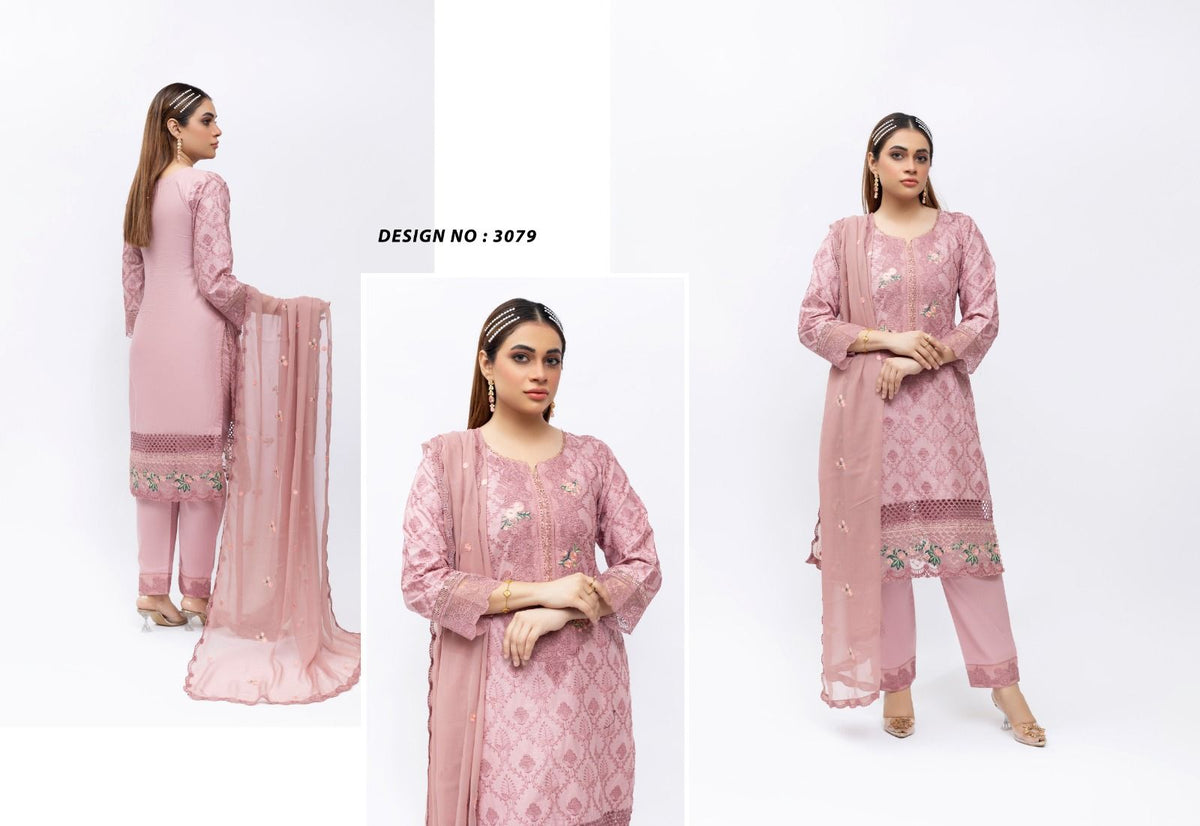 Embroidered Cotton Suit - Rose Pink 3079