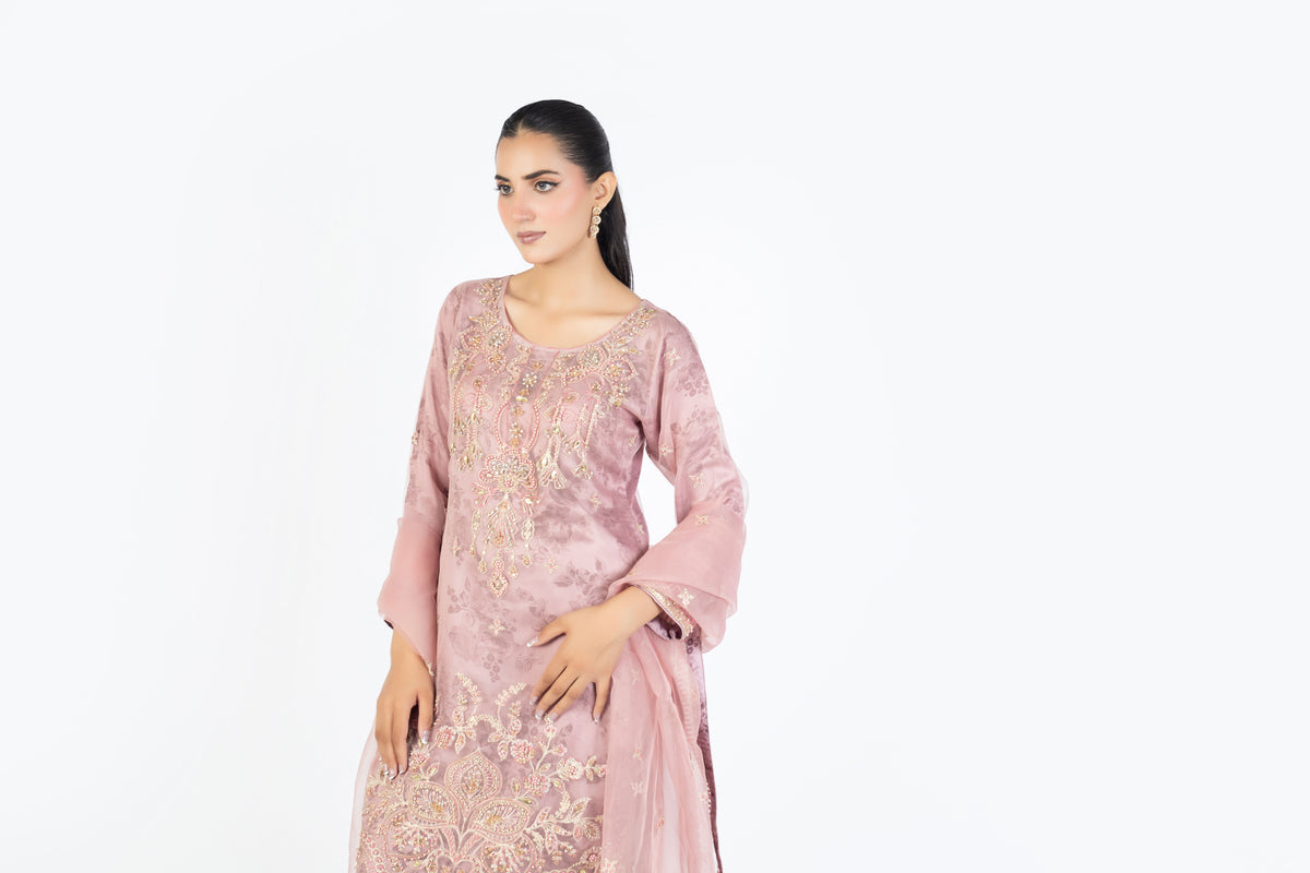 Onion Pink Handmade Embellished Organza Ensemble with Clutch & Khussa