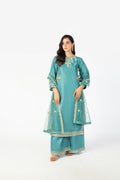 Luxury Pure Blue Sheesha Silk 3-Piece Formal Ensemble with Net Dupatta