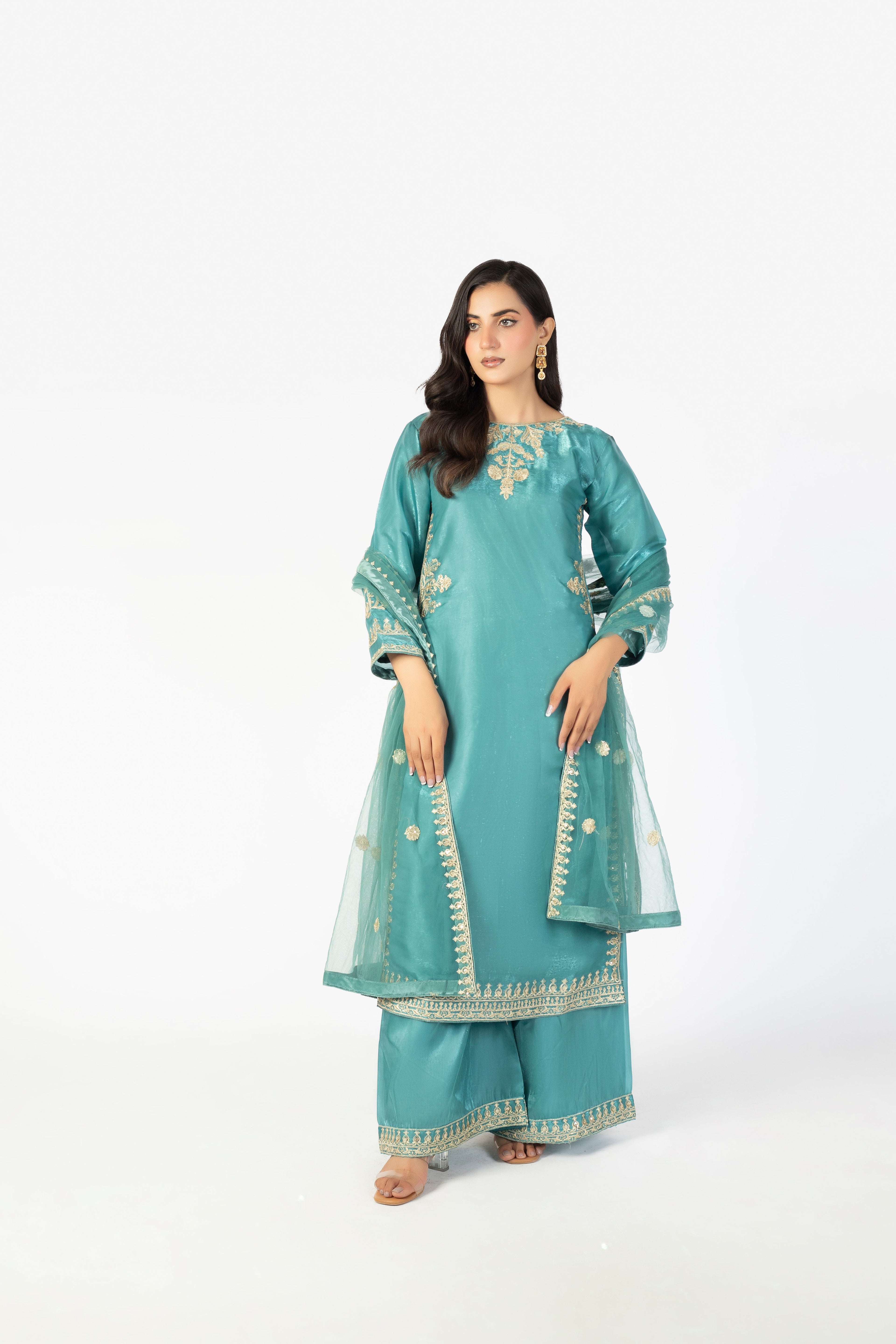 Luxury Pure Blue Sheesha Silk 3-Piece Formal Ensemble with Net Dupatta