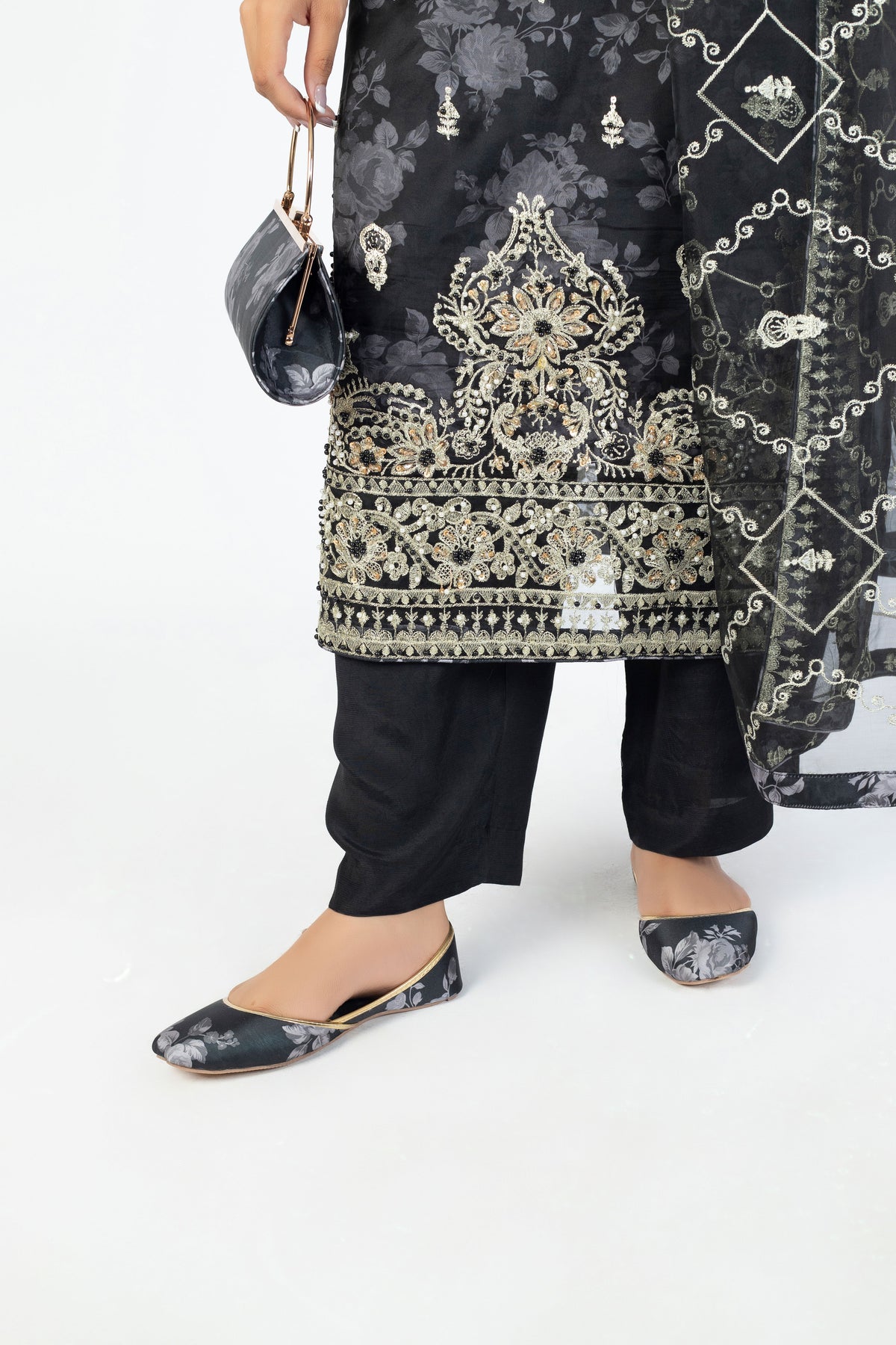 Black Handmade Embellished Organza Ensemble with Clutch & Khussa
