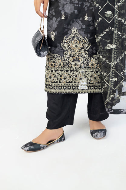 Black Handmade Embellished Organza Ensemble with Clutch & Khussa