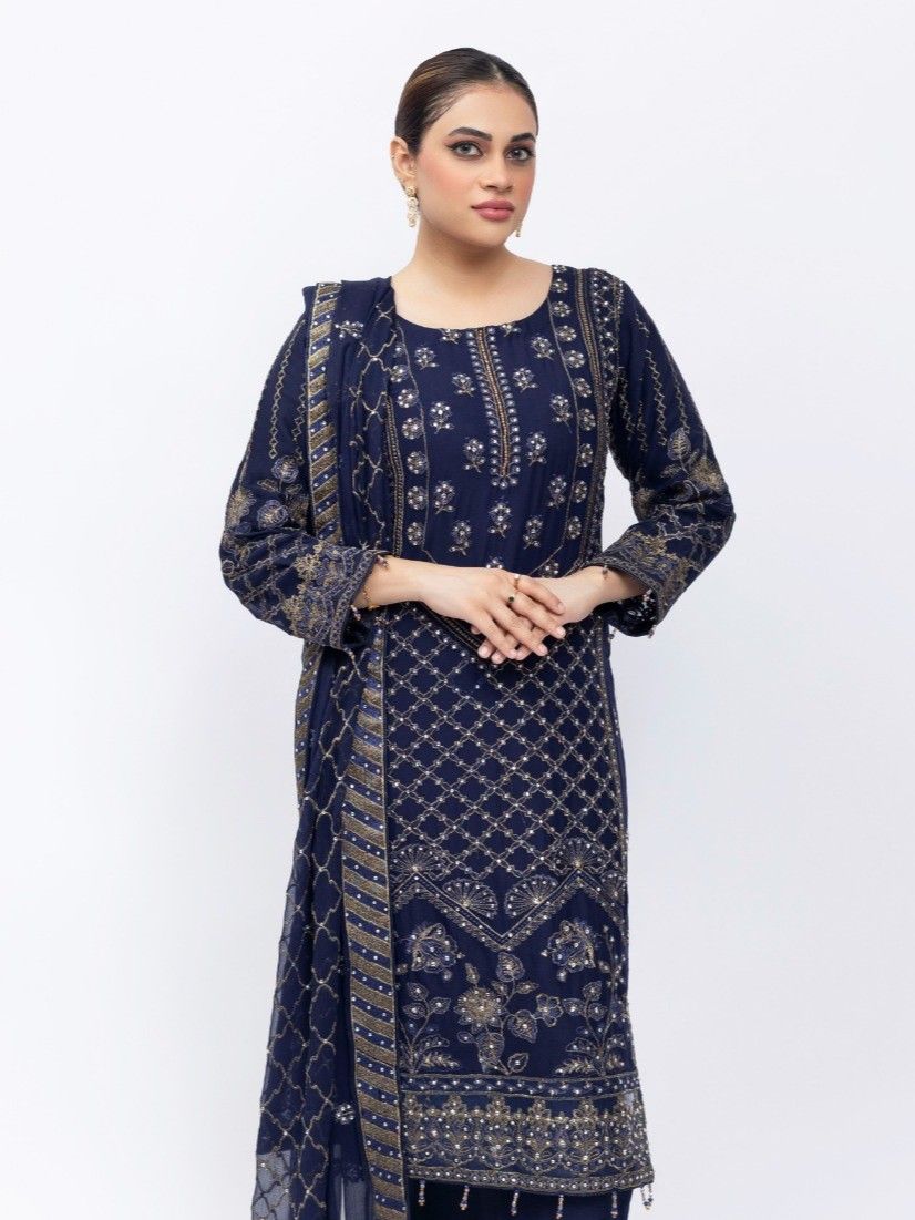 Navy Royale Embroidered Crinkle Suit – Luxe Festive Edition (3007)