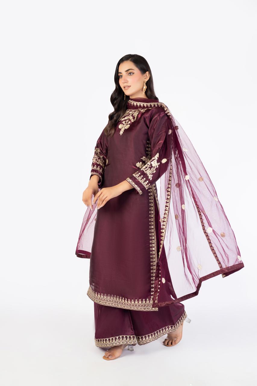Luxury Pure Sheesha Silk 3-Piece Formal Ensemble with Net Dupatta