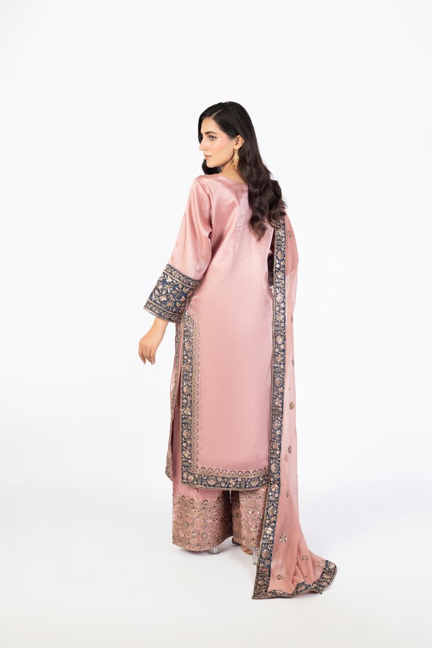 Tea Rose Pink Pure Sheesha Silk 3-Piece Ensemble with Crinkle Dupatta