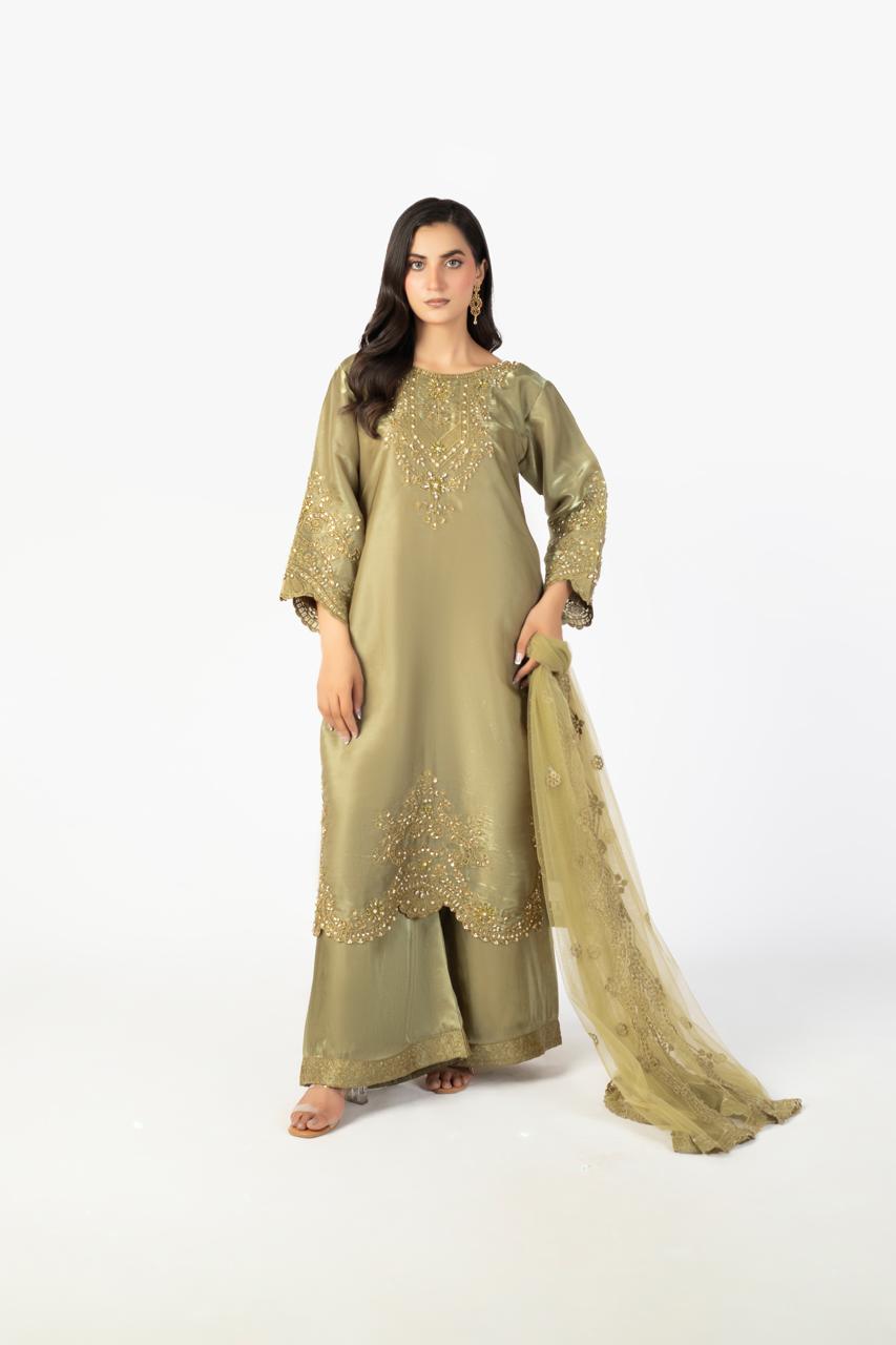 Olive Green Pure Sheesha Silk 3-Piece Ensemble with Handmade Embellishments
