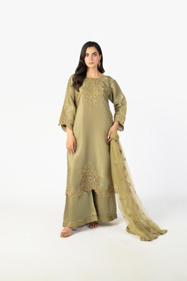 Olive Green Pure Sheesha Silk 3-Piece Ensemble with Handmade Embellishments