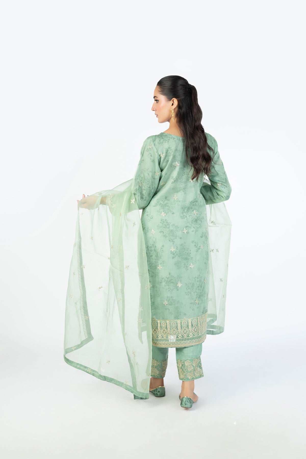 Mint Green Organza Embellished Ensemble with Clutch & Khussa