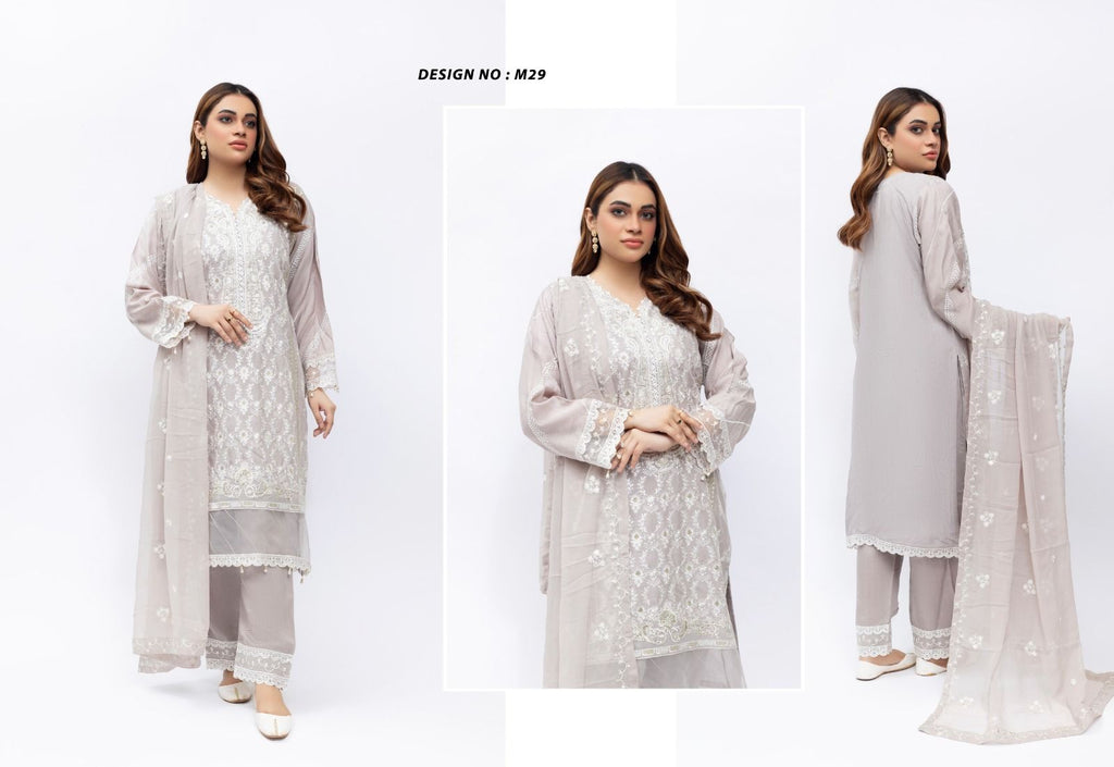 Silver Mist Embroidered Viscose Suit – Elegant Grace Edit (M29)
