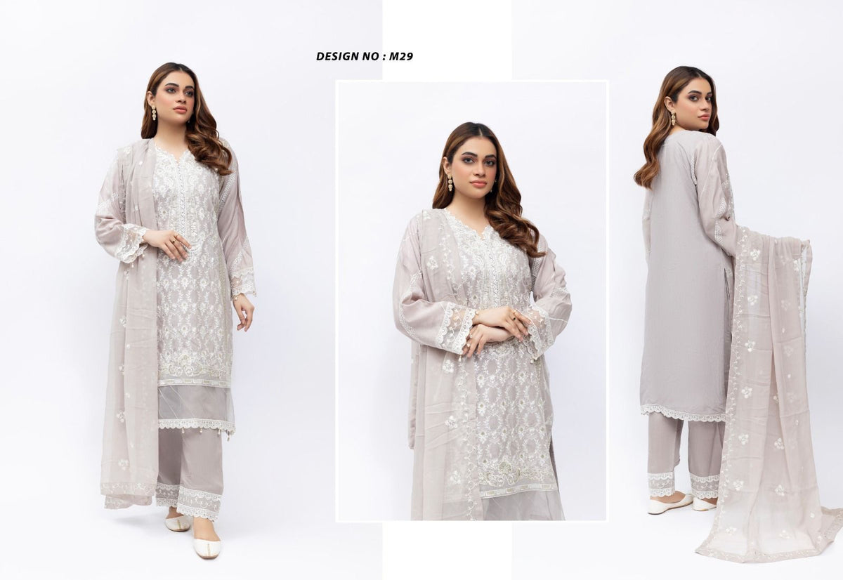 Silver Mist Embroidered Viscose Suit – Elegant Grace Edit (M29)