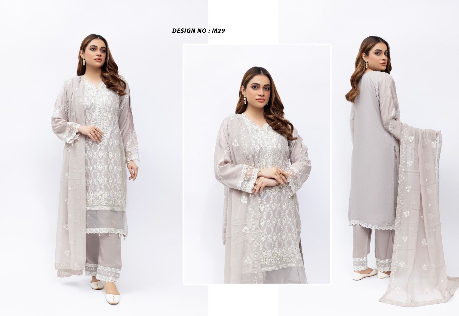 Silver Mist Embroidered Viscose Suit – Elegant Grace Edit (M29)