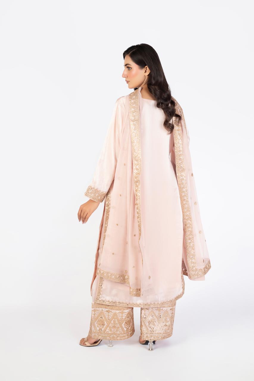 Elegant Pastel Pink Pure Sheesha Silk 3-Piece Ensemble with Crinkle Dupatta