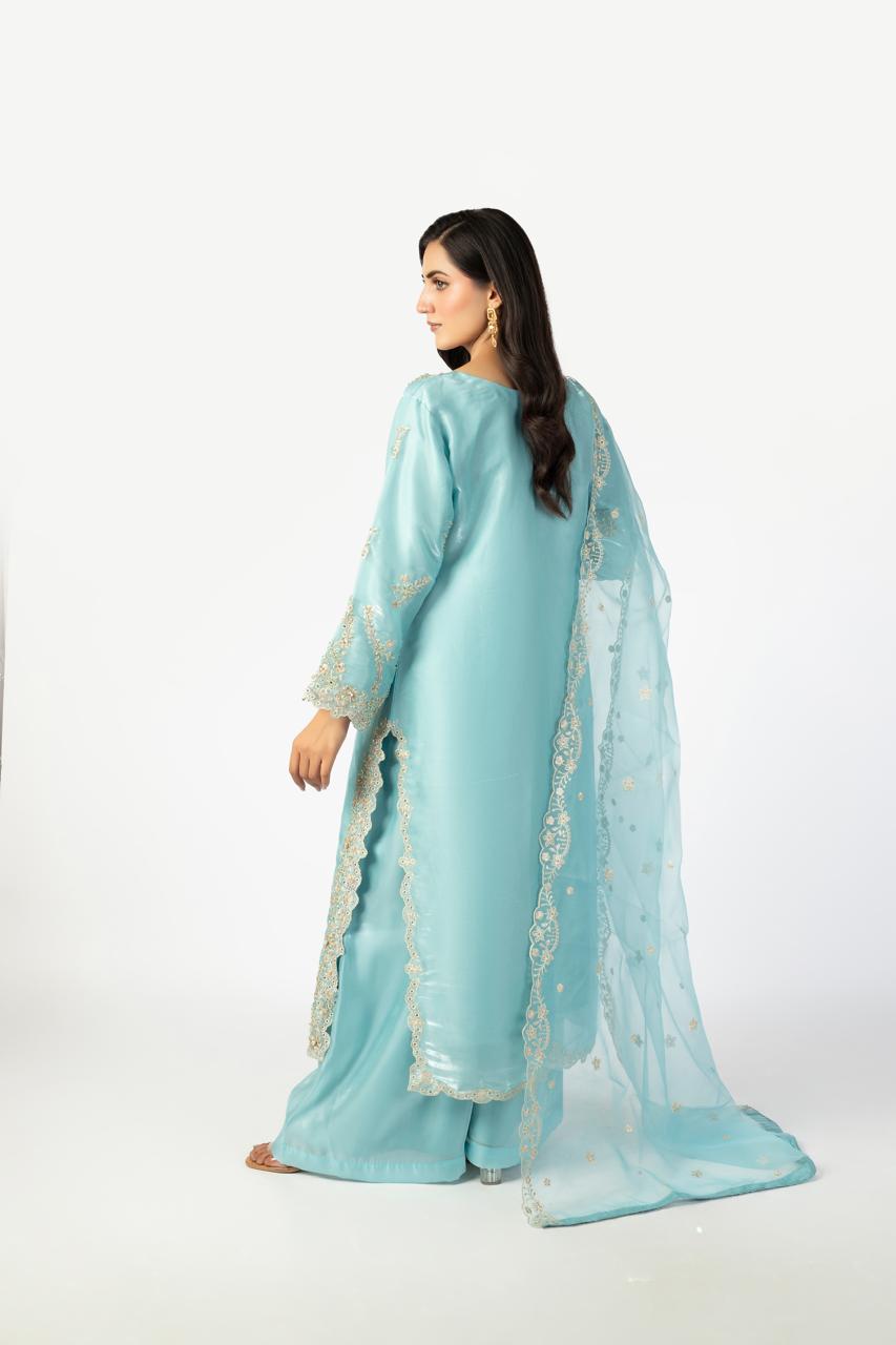 Sky Blue Pure Sheesha Silk 3-Piece Ensemble with Handmade Embellishments