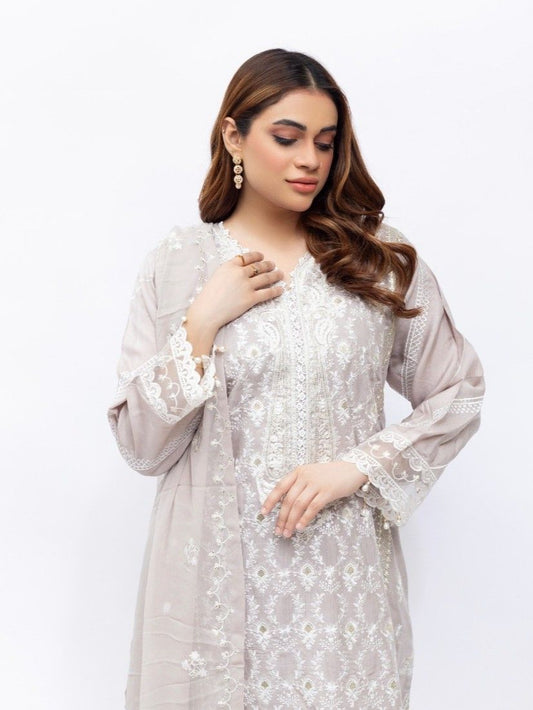 Silver Mist Embroidered Viscose Suit – Elegant Grace Edit (M29)