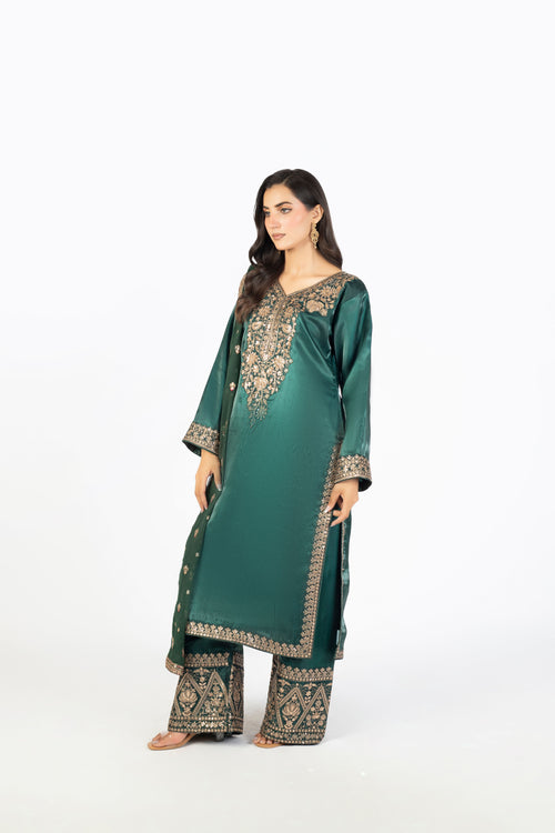 Elegant Bottle Green Pure Sheesha Silk 3-Piece Ensemble with Crinkle Dupatta