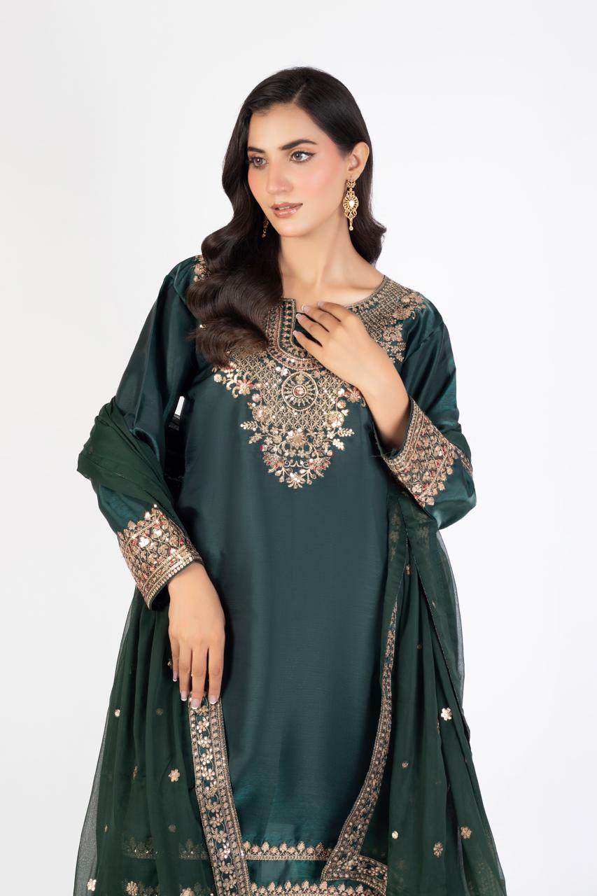 Deep Emerald Green Pure Sheesha Silk 3-Piece Ensemble with Crinkle Dupatta