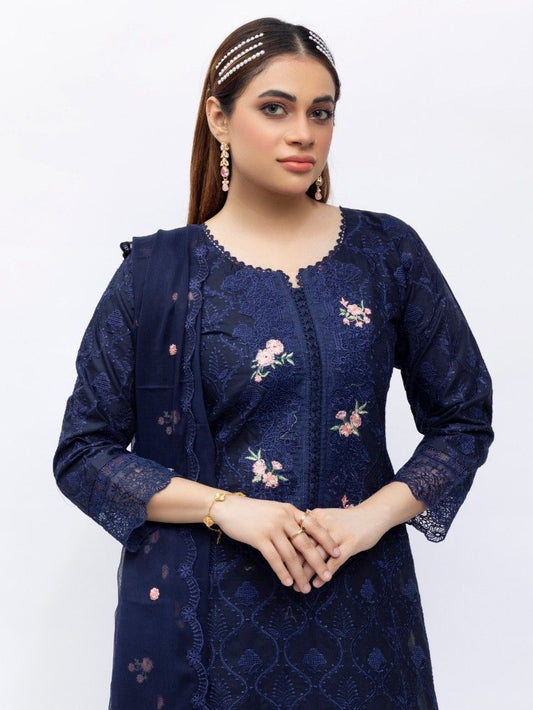 Navy Bloom Embroidered Cotton Suit – Elegant Festive Edit (3079)