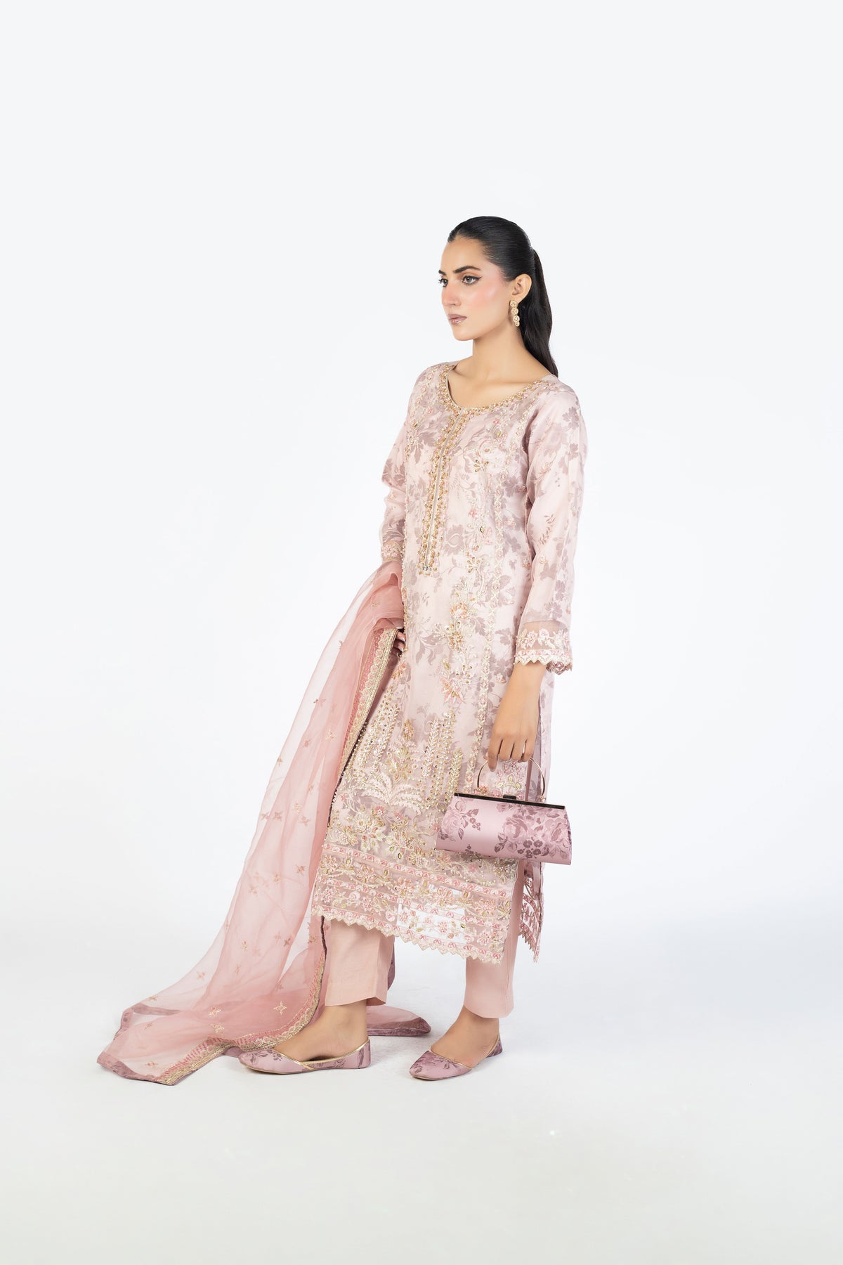 Dusty Pink Champagne Handmade Embellished Organza Ensemble with Clutch & Khussa