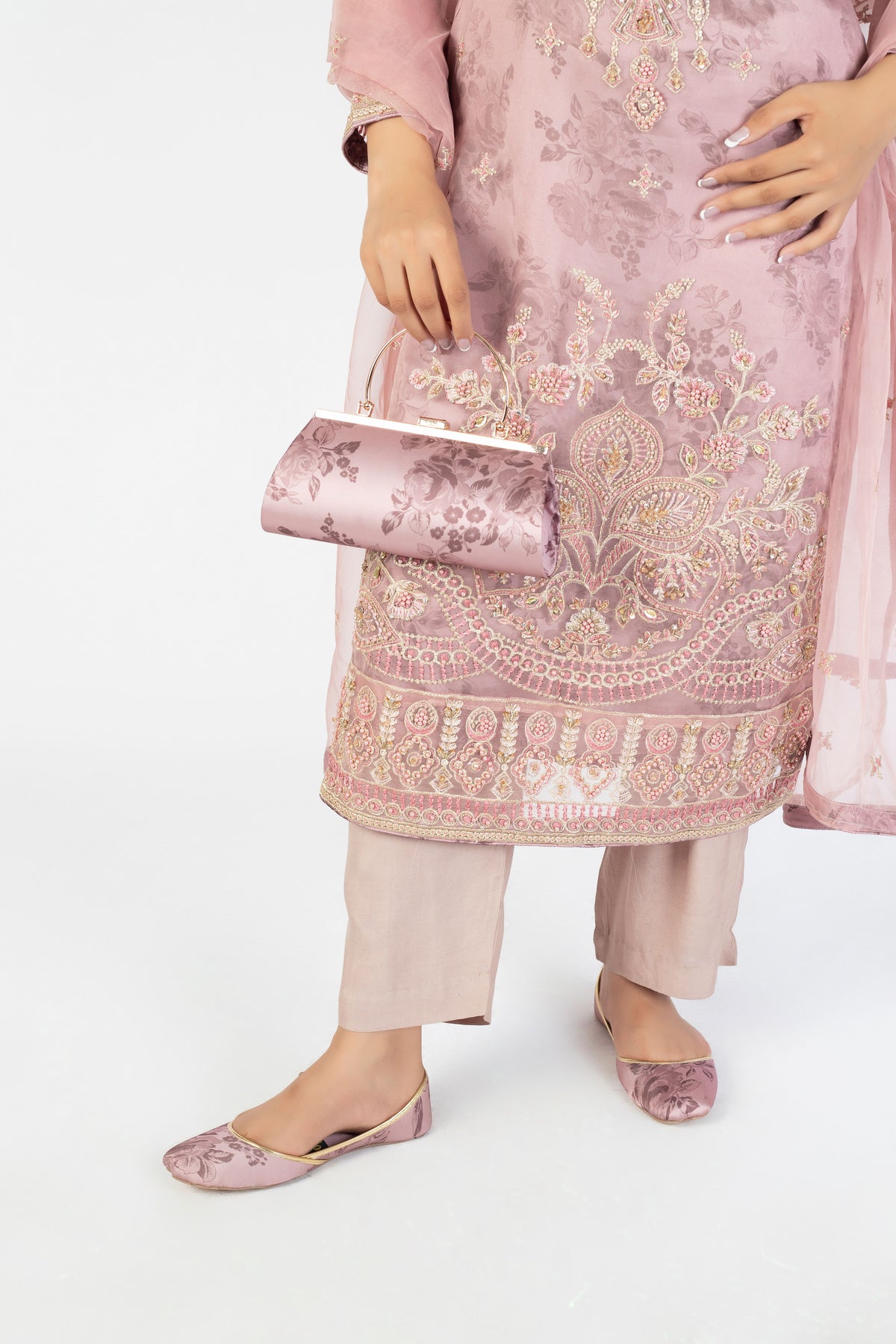 Onion Pink Handmade Embellished Organza Ensemble with Clutch & Khussa