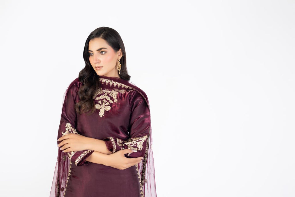 Luxury Pure Sheesha Silk 3-Piece Formal Ensemble with Net Dupatta