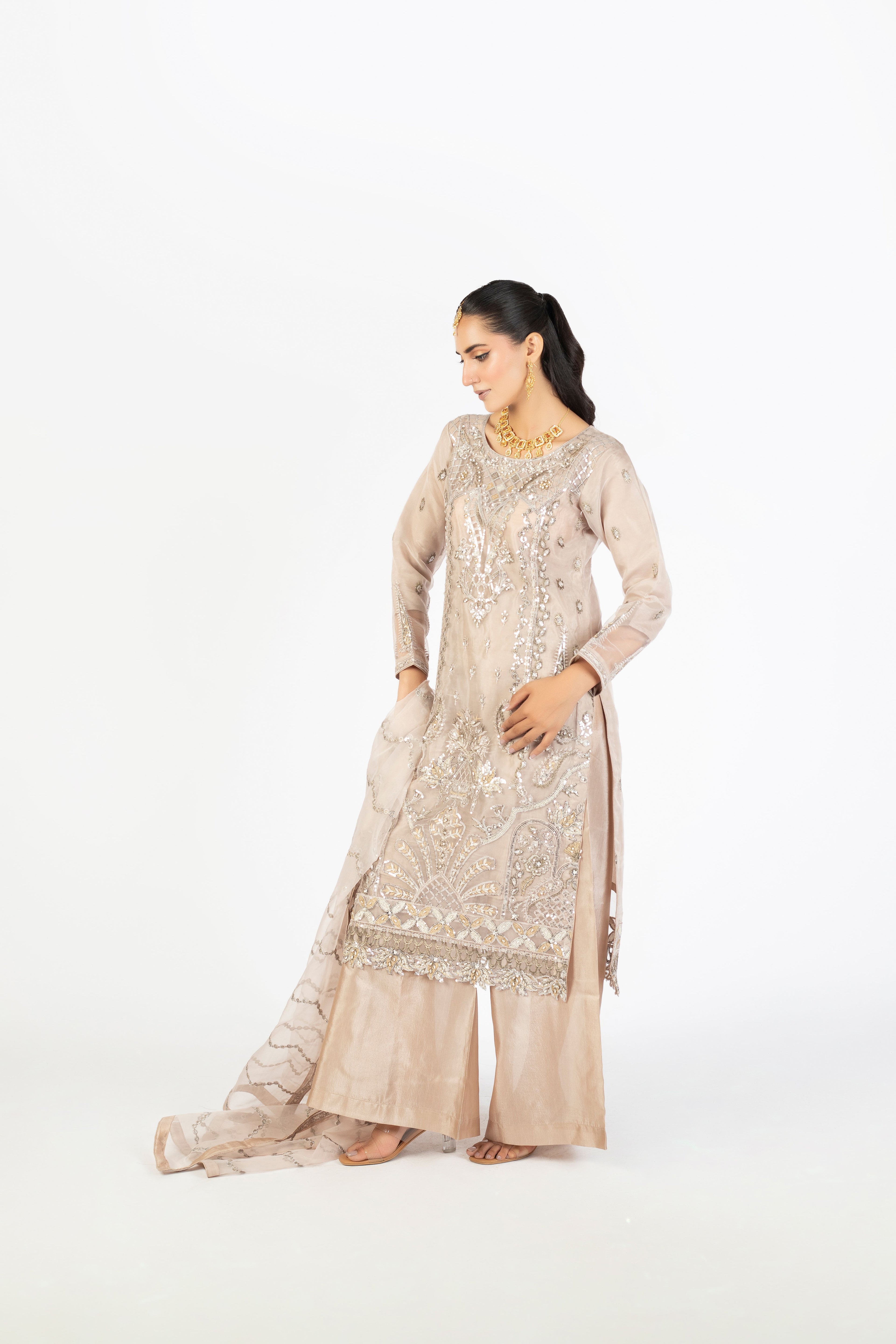 Beige Champagne Handmade Embellished Organza Ensemble