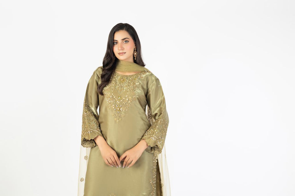 Olive Green Pure Sheesha Silk 3-Piece Ensemble with Handmade Embellishments