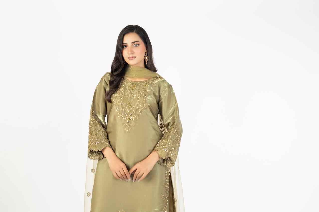 Olive Green Pure Sheesha Silk 3-Piece Ensemble with Handmade Embellishments