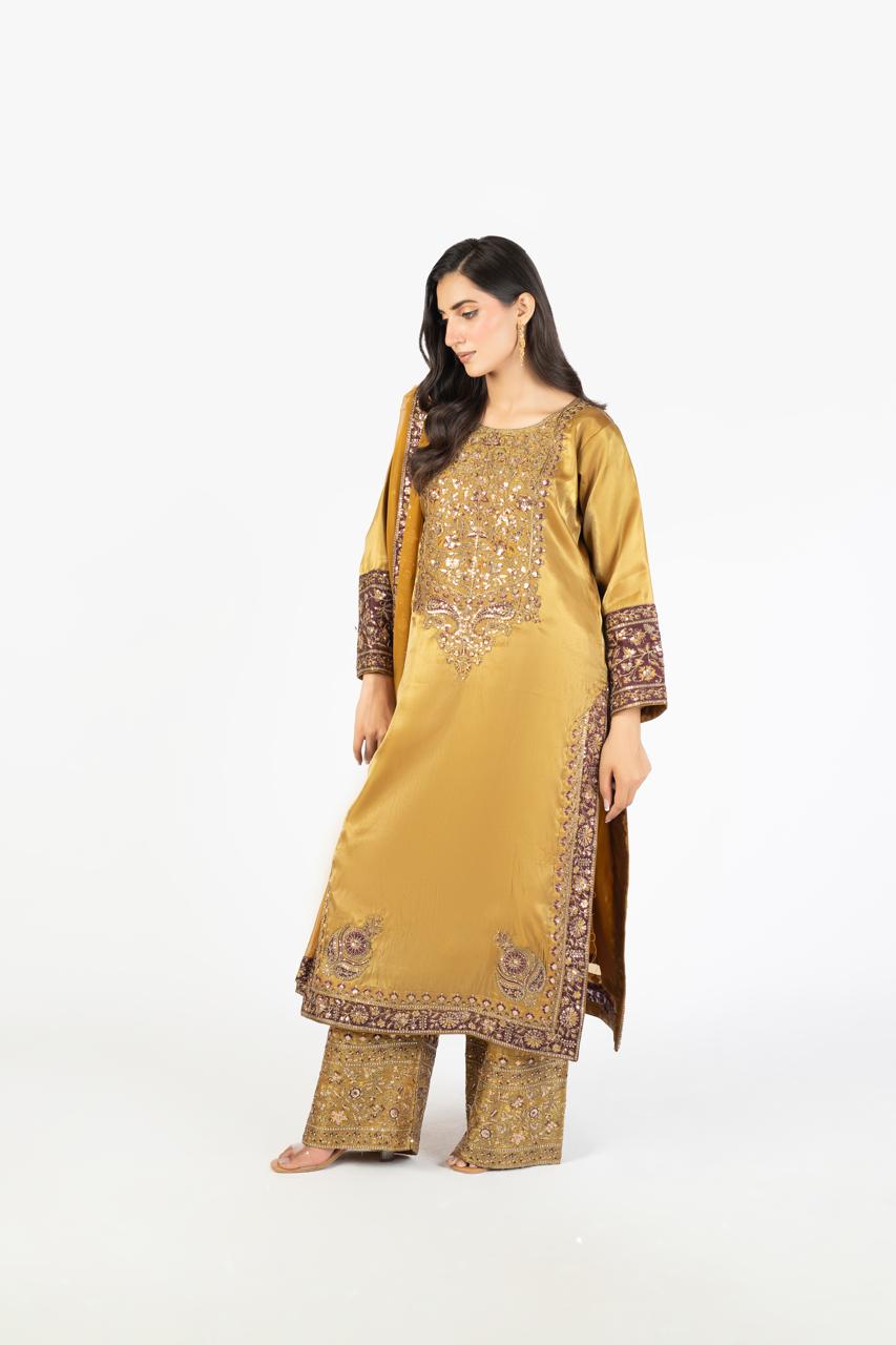 Elegant Mustard Pure Sheesha Silk 3-Piece Ensemble with Crinkle Dupatta
