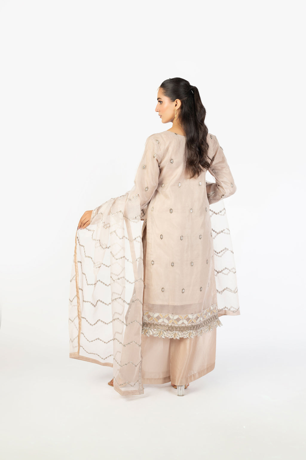 Beige Champagne Handmade Embellished Organza Ensemble