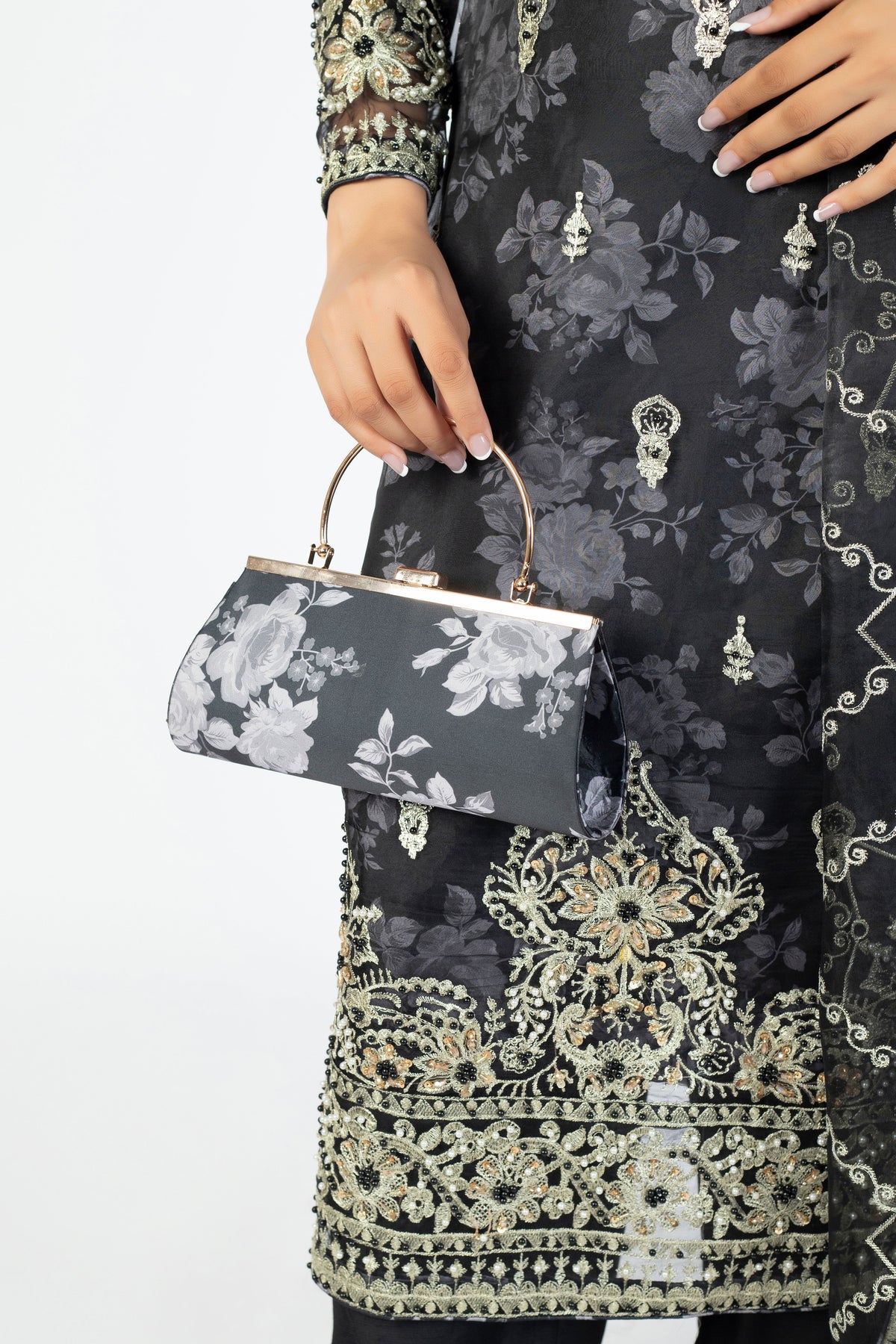 Black Handmade Embellished Organza Ensemble with Clutch & Khussa