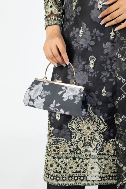 Black Handmade Embellished Organza Ensemble with Clutch & Khussa