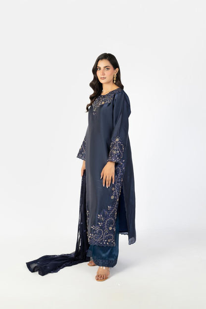 Navy Blue Pure Sheesha Silk 3-Piece Ensemble with Handmade Embellishments