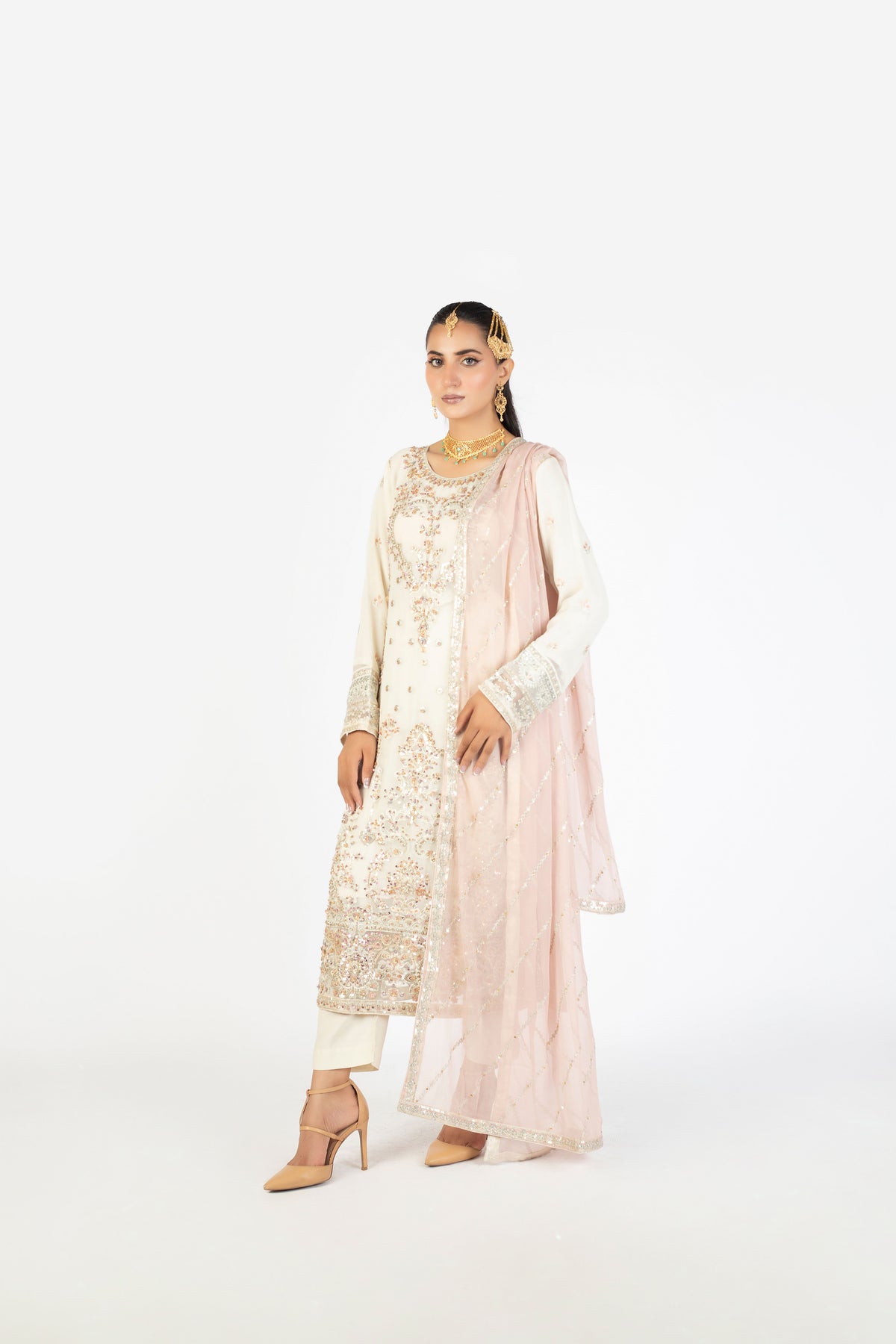 Ivory White Elegant Krinckle & Raw Silk Handmade Embellished Ensemble