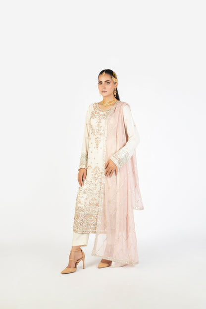 Ivory White Elegant Krinckle & Raw Silk Handmade Embellished Ensemble