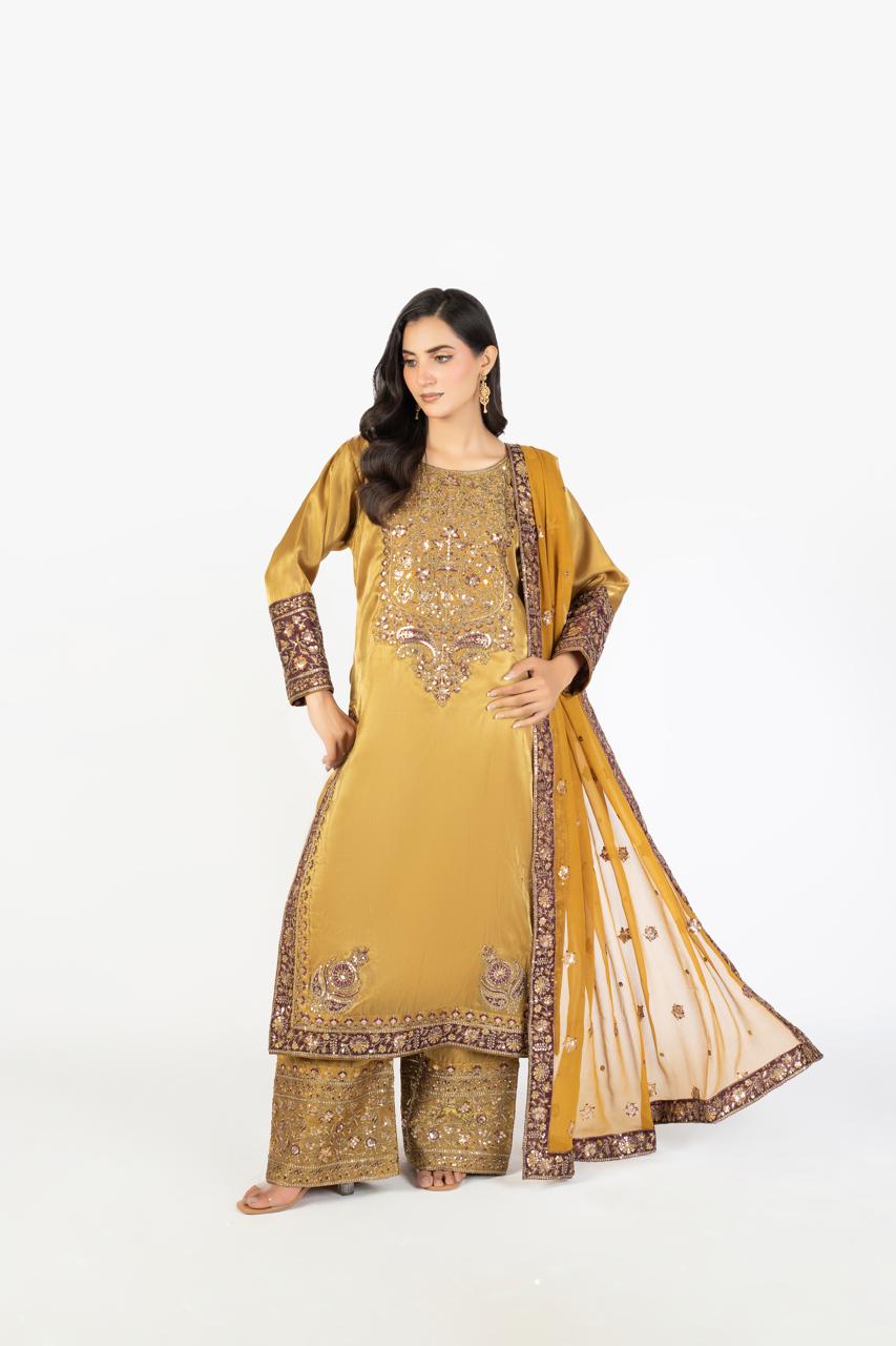 Elegant Mustard Pure Sheesha Silk 3-Piece Ensemble with Crinkle Dupatta