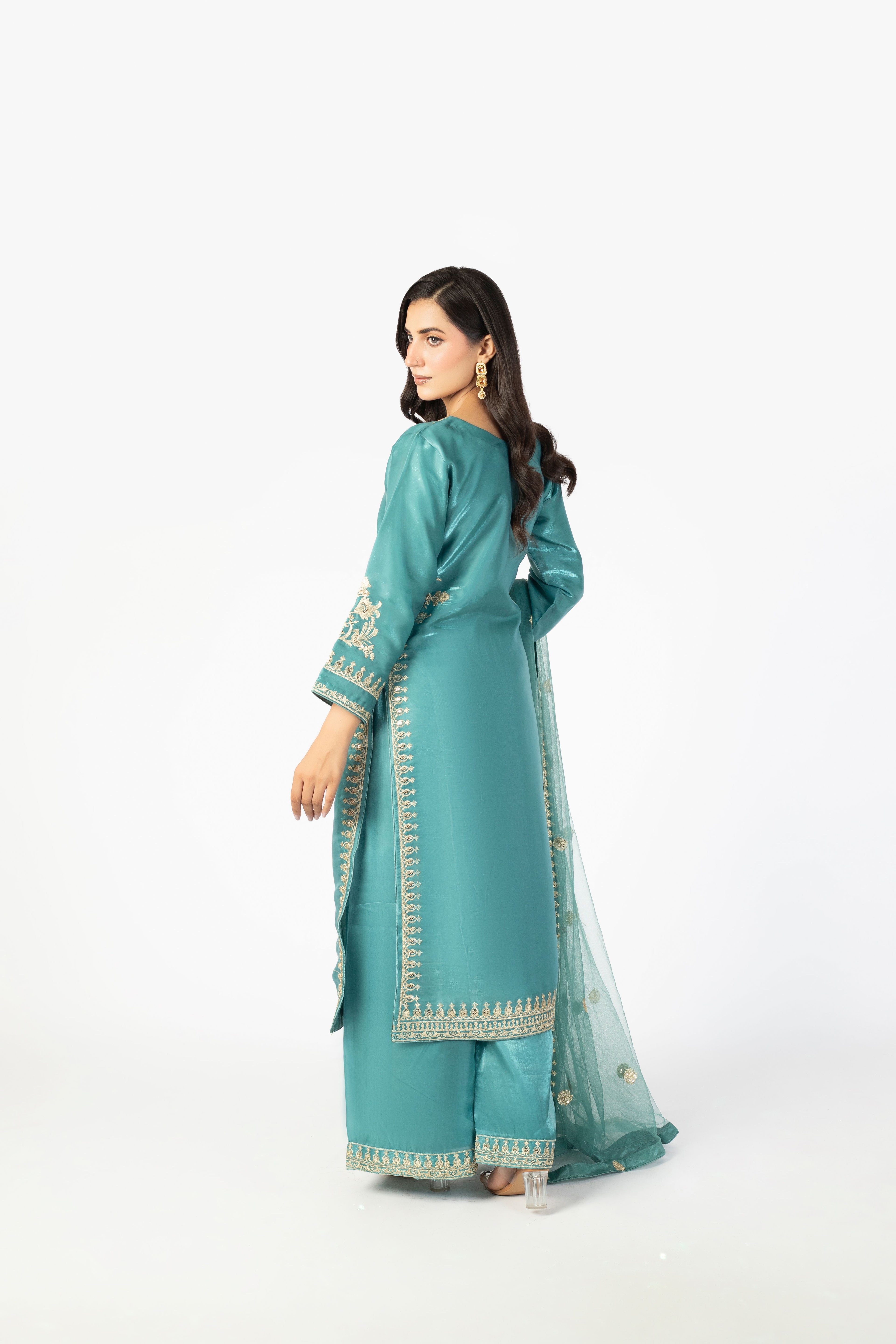 Luxury Pure Blue Sheesha Silk 3-Piece Formal Ensemble with Net Dupatta
